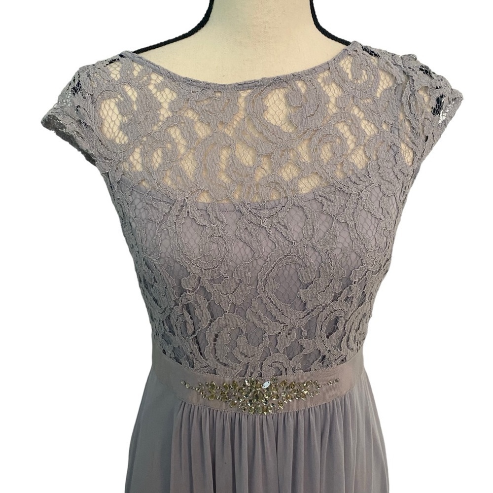 Adrianna Papell Lace Illusion Dress Gray / Silver Sz 6 Gown Beaded Waist Tulle - Picture 6 of 15